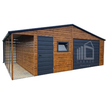 Garaż Blaszany 5,5x6m + Wiata  -  Drzwi - Okno - Drewnopodobny Rynny ID566