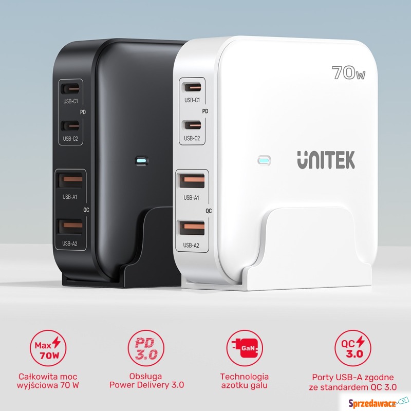 Unitek Ładowarka biurkowa GaN 70W 2xUSB-A 2xUSB-C - Ładowarki sieciowe - Bytom