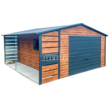 Garaż Blaszany 4x6m + Wiata 1x6m Brama Uchylna Okno Drzwi Drewnopodobny TS654