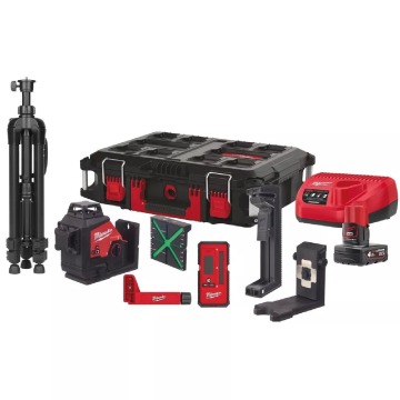 Akumulatorowy laser krzyżowy Milwaukee M123PLKIT-401P (+ statyw TRP120 i akumulator 4 Ah), wiązka zi