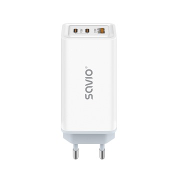 Ładowarka sieciowa GaN Savio LA-07, 1 x USB-A, 2 x USB-C, QC 4,0+, PD 3.0, 65W, biała