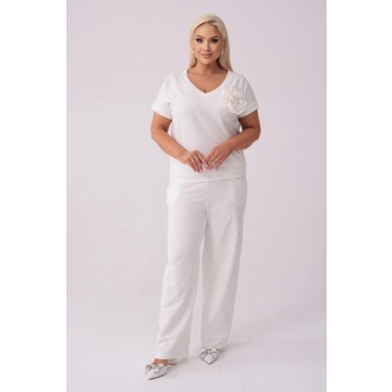 Komplet dresowy Róża w kolorze ecru - bluzka + długie spodnie PLUS SIZE XXL LATO