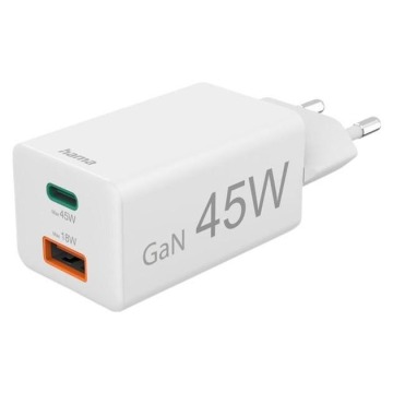 Hama ładowarka sieciowa mini GaN 45W PD/QC 1x USB-C, 1x USB-A biała