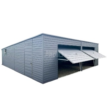 Garaż blaszany 8x8  Brama uchylna x2 + okno + drzwi antracyt spad w tył GP160