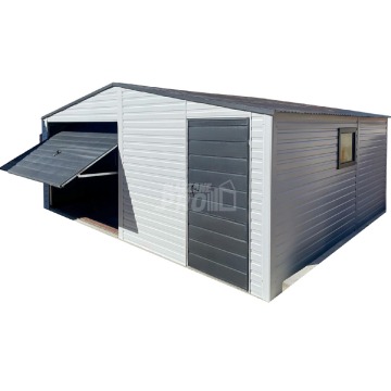Garaż Blaszany 6x5m Brama Uchylna Drzwi Okno Biały Antracyt dach Dwuspad GP362