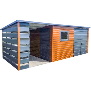 Schowek Domek ogrodowy 4x3 + wiata 3x3 Brama dwuskrzydłowa Drzwi Okno TS750