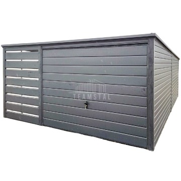 Garaż blaszany 3x6m + wiata 1,2m brama uchylna Antracyt Dach spad w tył TS762