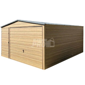 Garaż Blaszany 4x5m - Brama uchylna Drewnopodobny dach Dwuspadowy GP453