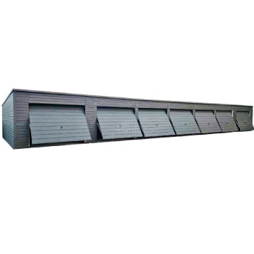 Rząd garaży 24x5,5m - 7x brama uchylna - antyracyt - dach spad w tył TS871