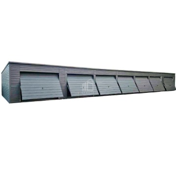 Rząd garaży 24x5,5m - 7x brama uchylna - antyracyt - dach spad w tył ID785