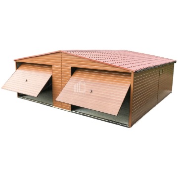 Garaż blaszany 7,5x6m 2x  brama uchylna drewnopodobny blachodach rynny ID795