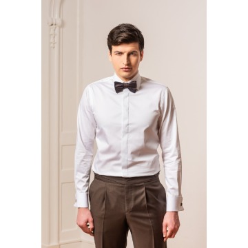 Elegancka biała koszula męska do muchy z krytą plisą i mankietami na spinki 40