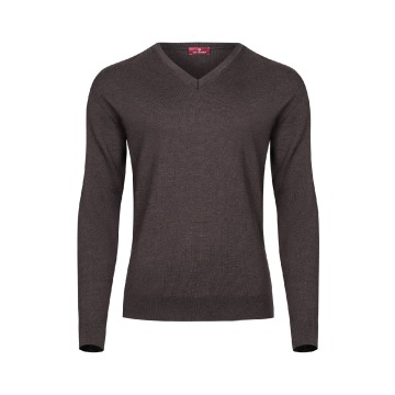 Czekoladowy sweter męski z wełny merino w serek  XXXL