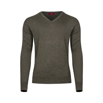 Oliwkowy sweter męski z wełny merino w serek  XXXL