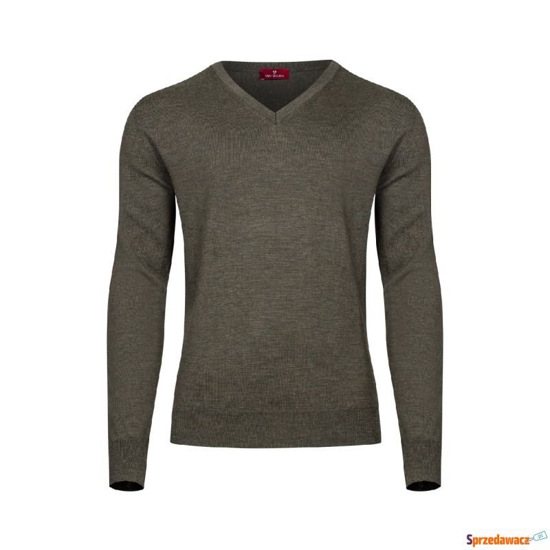 Oliwkowy sweter męski z wełny merino w serek ... - Swetry męskie - Rąty