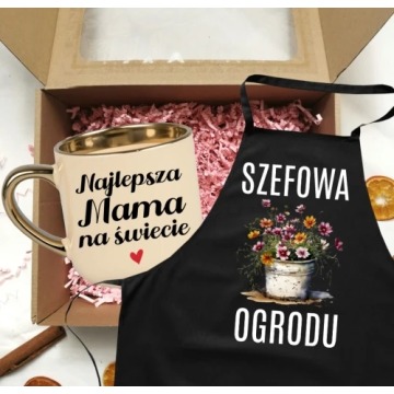 Zestaw prezentowy dla mamy - kubek NAJLEPSZA MAMA NA ŚWIECIE oraz fartuch SZEFOWA OGRODU NA PREZENT