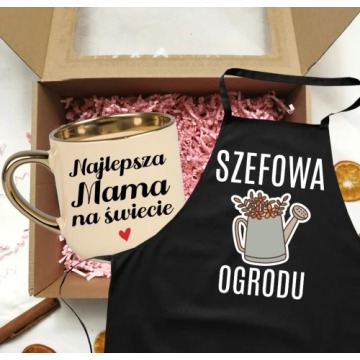 Zestaw prezentowy dla mamy - kubek NAJLEPSZA MAMA NA ŚWIECIE oraz fartuch SZEFOWA OGRODU NA DZIEŃ MA
