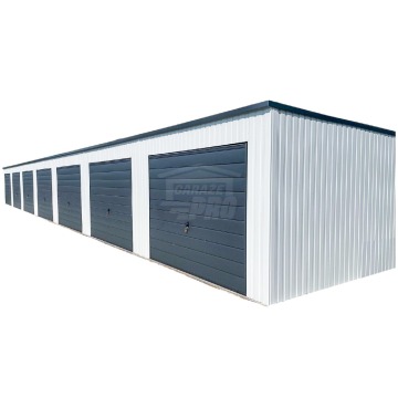 Rząd garaży 28x5,5m 7x bramy uchylne dach spad w tył  GP489