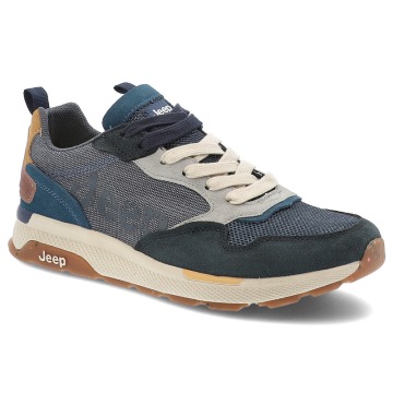 Sneakersy męskie Jeep, codzienne i sportowe na platformie skórzane sznurowane, niebieskie, JM51060A-