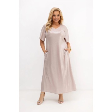 Wizytowa sukienka maxi Aurora szampański beż z połyskiem z lureksu na wesele PLUS SIZE OVERSIZE LATO