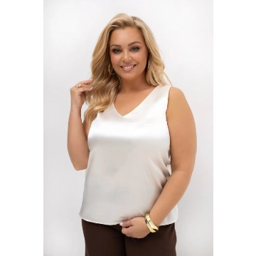Elegancka bluzka/top satynowy Classy ecru damski do marynarki, garnituru OVERSIZE PLUS SIZE LATO